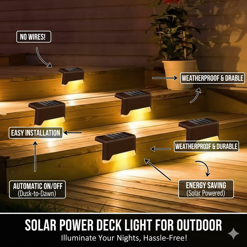 Solar-powered, waterproof deck lights for outdoors