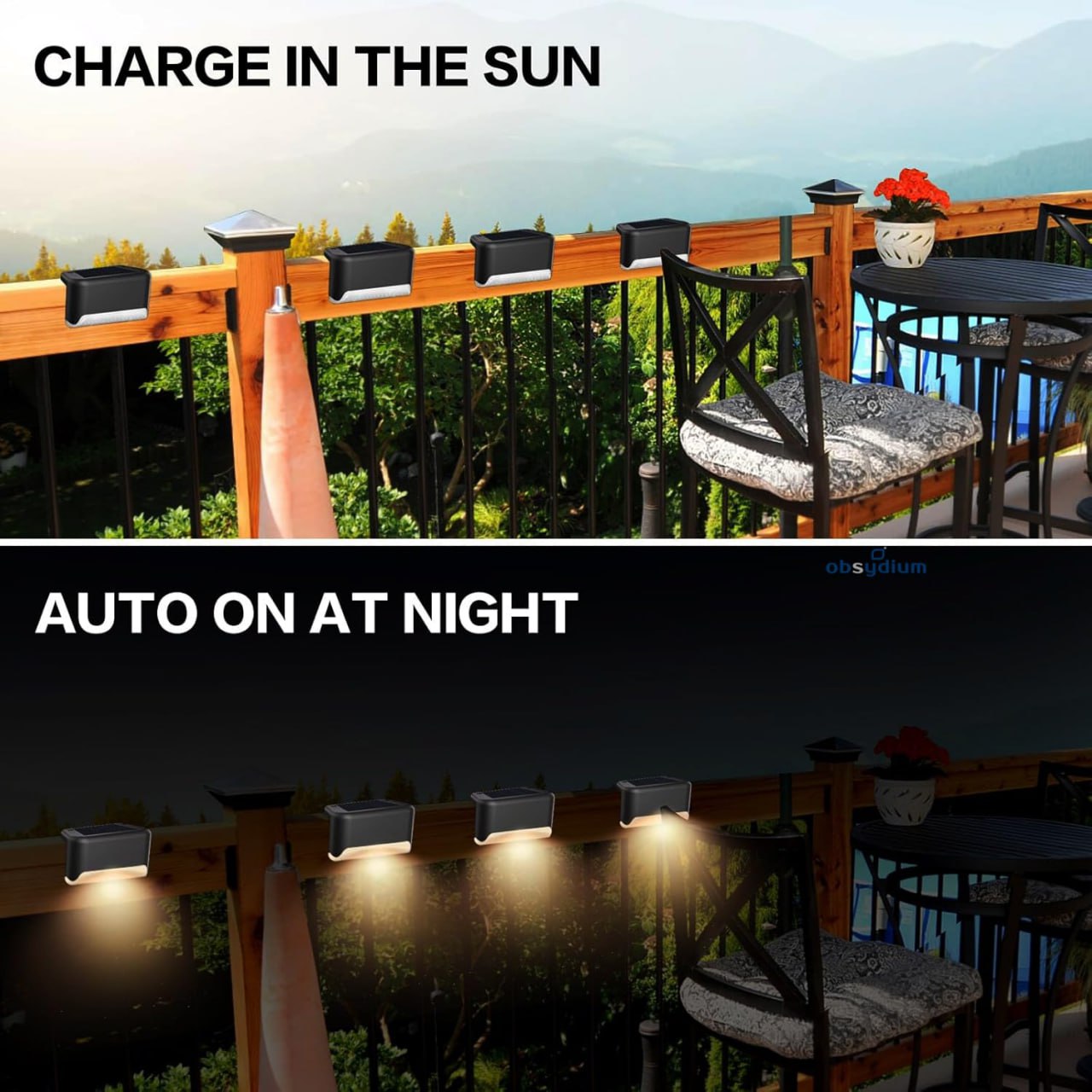 Solar-powered, waterproof deck lights for outdoors